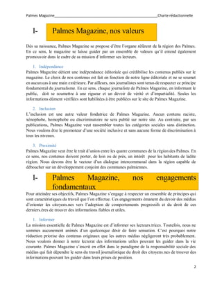 Palmes Magazine____________________________________________________Charte rédactionnelle
2
I- Palmes Magazine, nos valeurs...